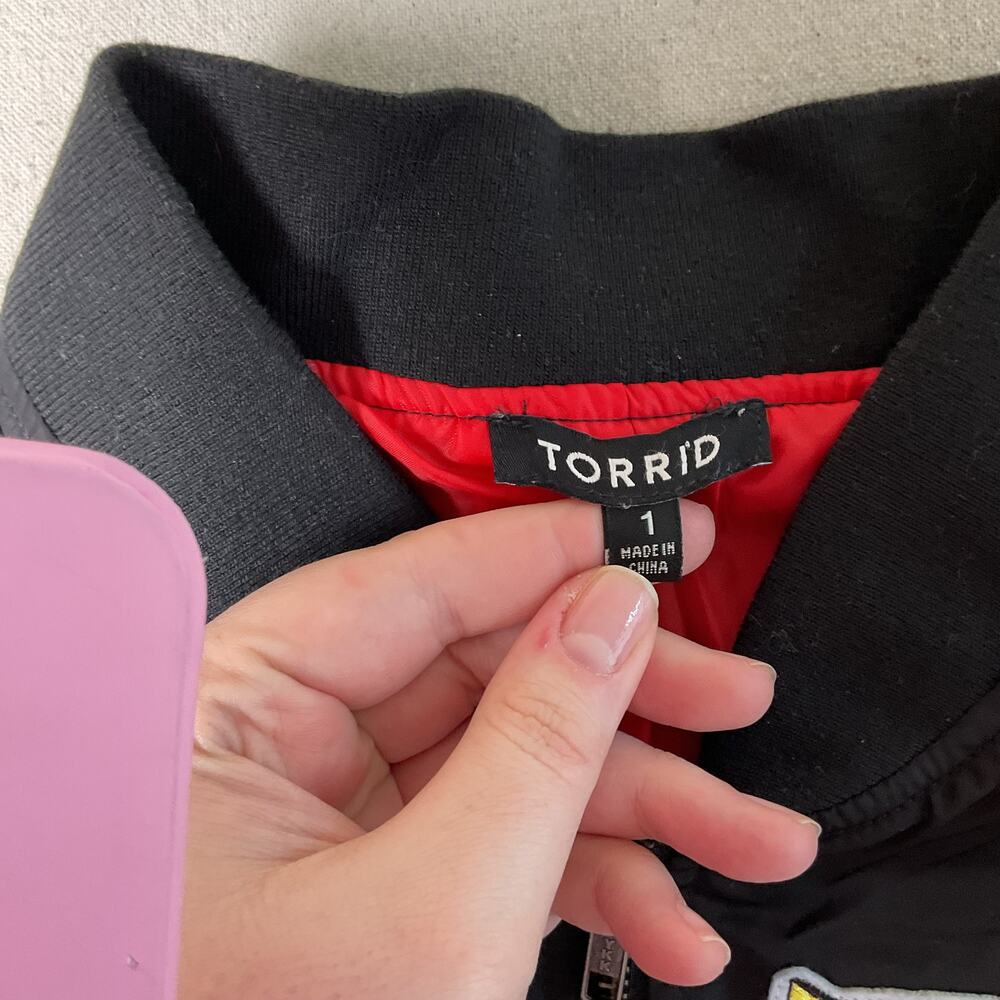 Torrid Bomber Patch Jacket Black Full Zip Size 1 - image 5